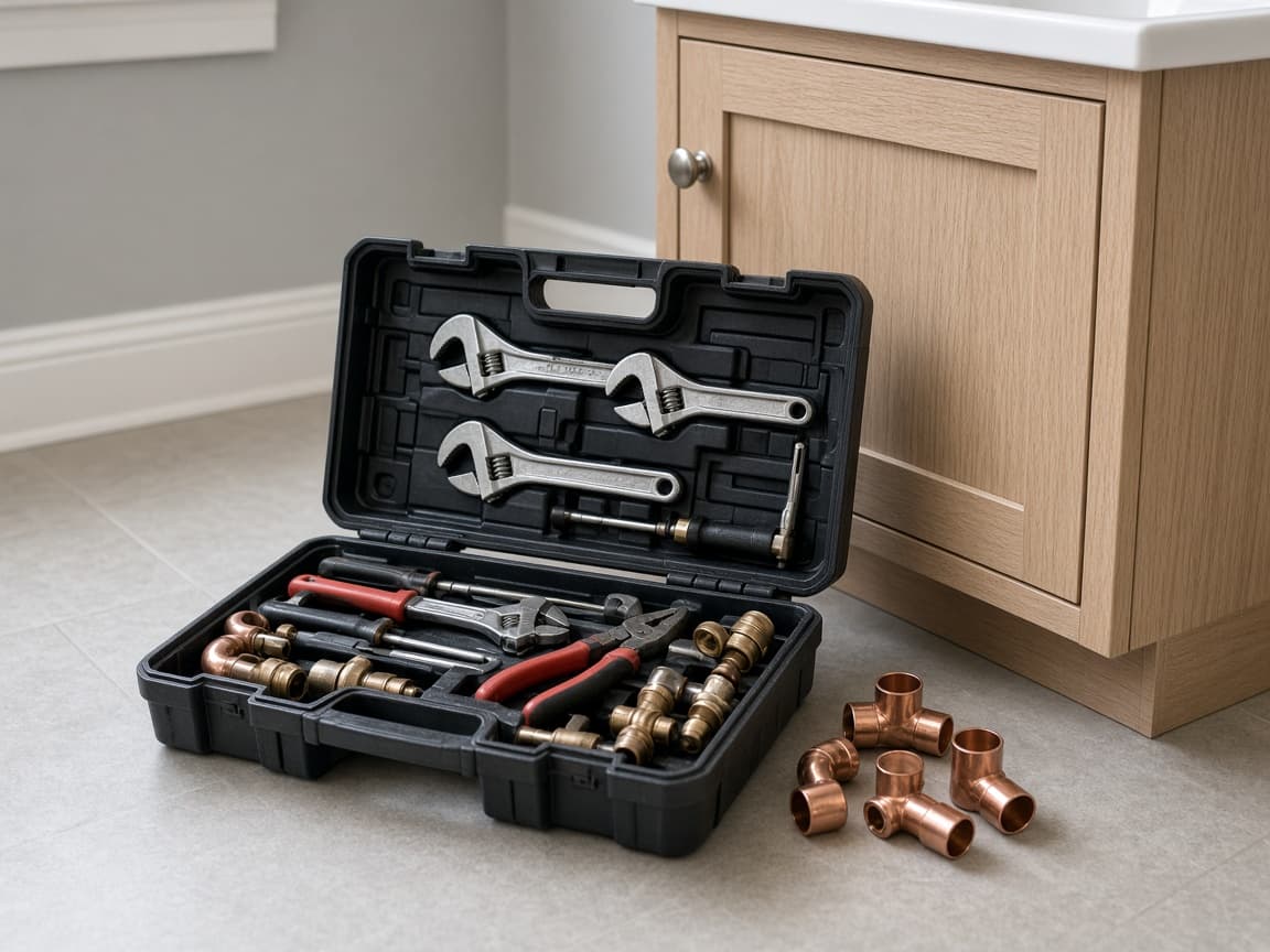 Plumbing tools beside a bathroom vanity cabinet