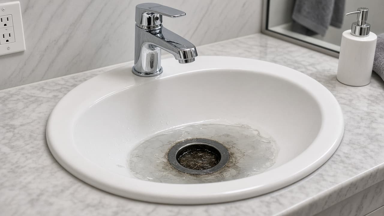 Bathroom sink drain with standing water that needs cleaning