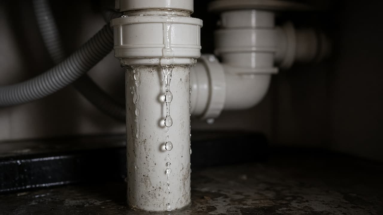 Water dripping from a pipe joint under a sink
