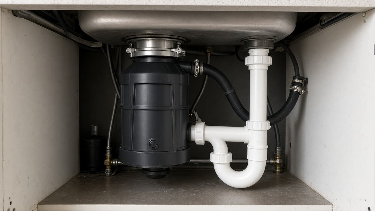 Garbage disposal and drain pipes under a kitchen sink