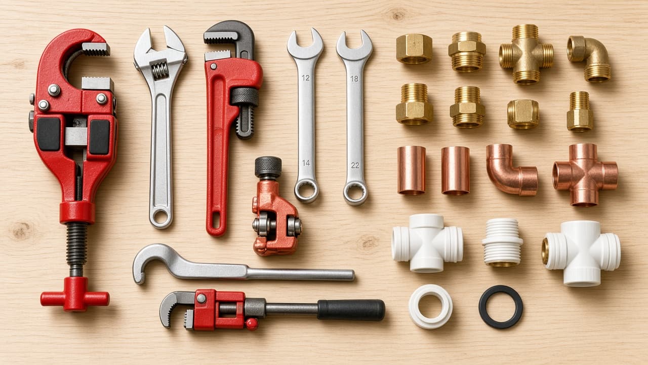 Plumbing tools and fittings arranged on a workbench